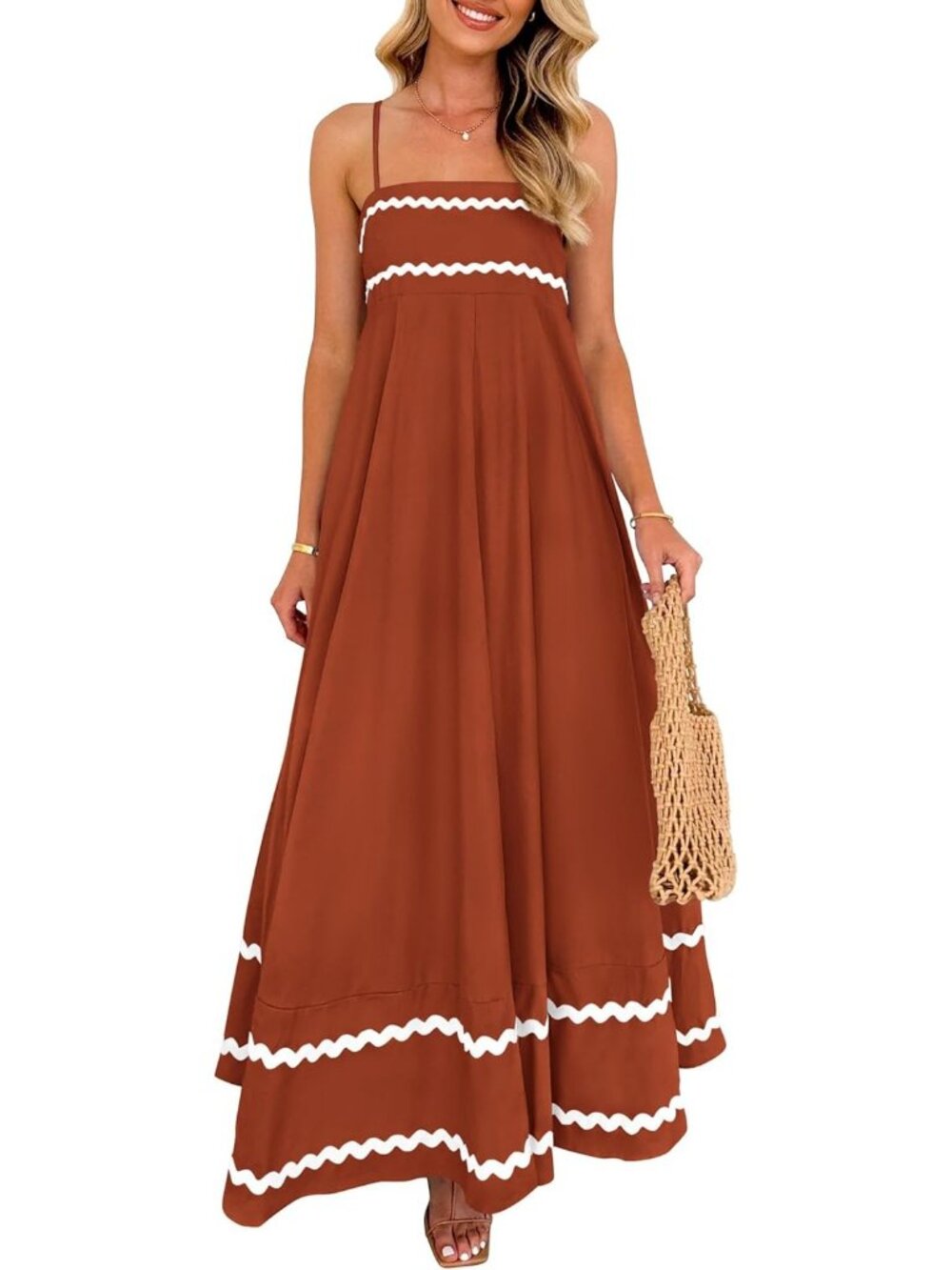 Women's Rust Flowy Maxi Summer Sleeveless Strap Ruffle Beach Long Dress